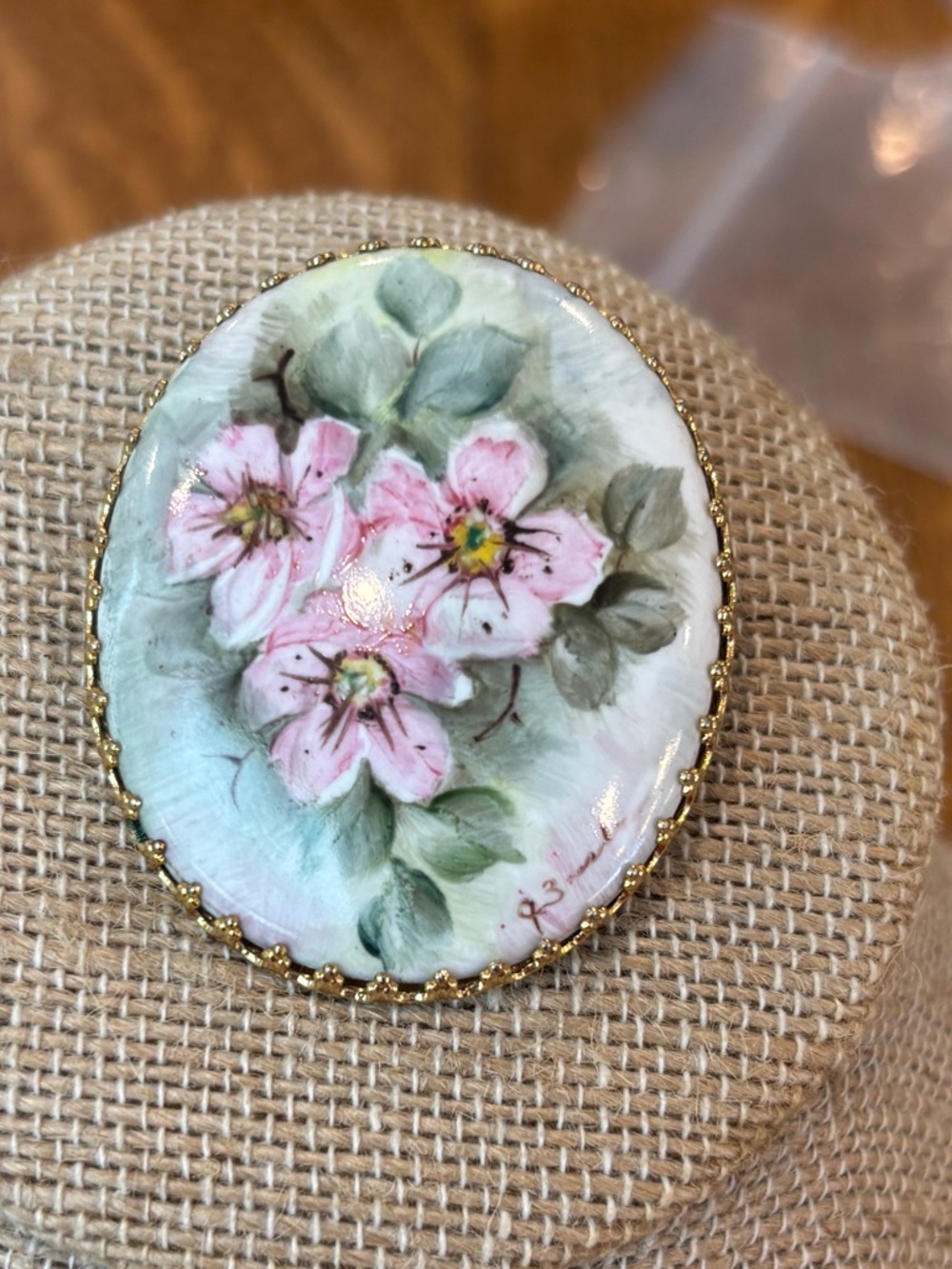 Vintage Pink Floral Hand-Painted Porcelain Brooch with Gold Trim